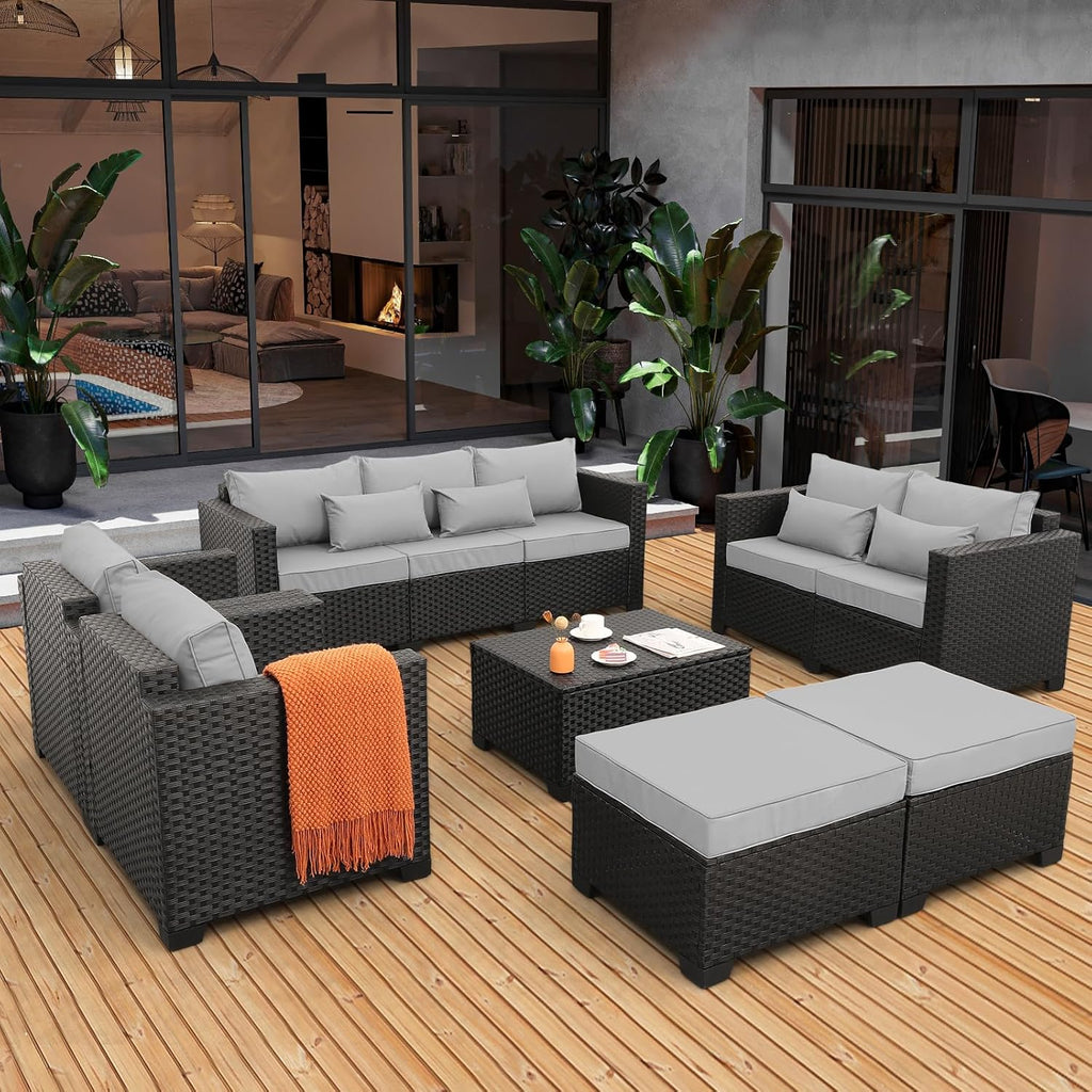 Patio Furniture Sets 7 Pieces Outdoor Furniture Sectional Patio Couches Set Storage Table No-Slip Grey Cushions and Waterproof Covers