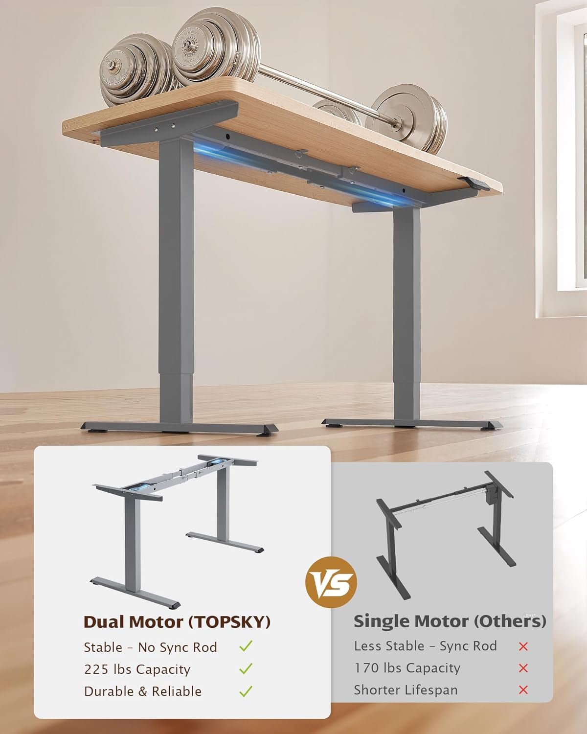 Dual Motor Electric Adjustable Standing Computer Desk for Home and Office (Grey)