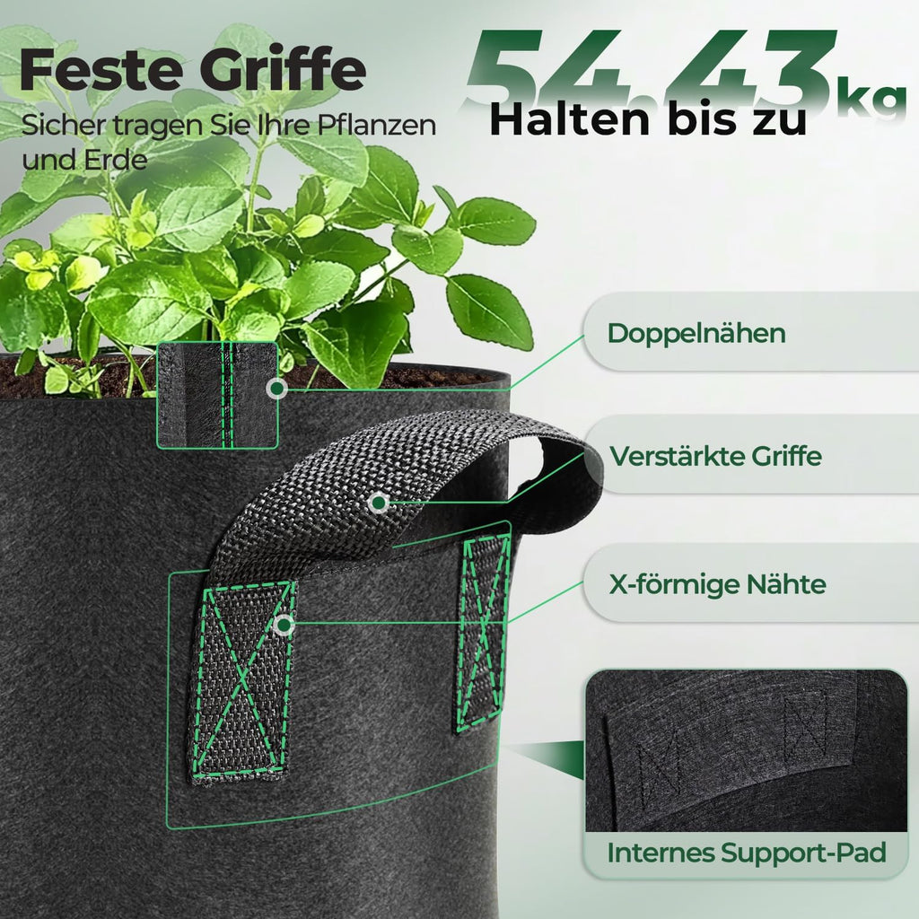 Fabric Plant Grow Bags with Handle 10 Gallon Pack of 5, Heavy Duty Nonwoven Smart Garden Pot Thickened Aeration Nursery Container Black for Outdoor Potato, Tomato, Chili, Carrot and Vegetables